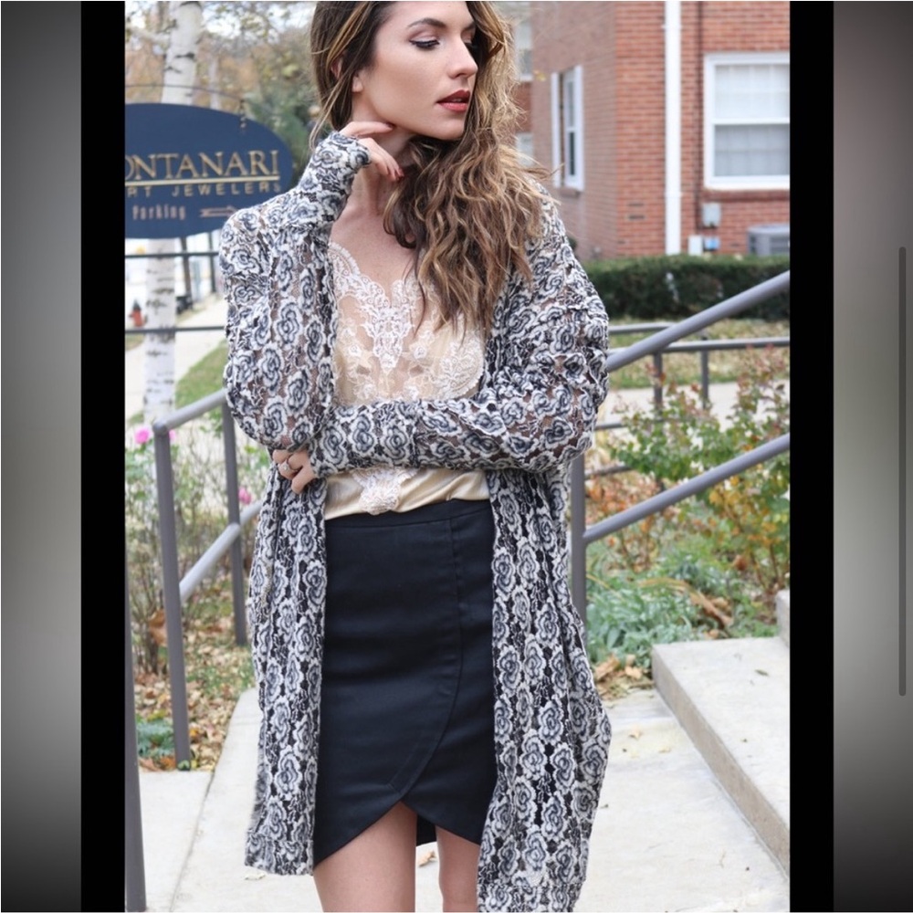 Lucia’s Sarto Rose lace sweater rosette oversized comfy black white gray  jacket
